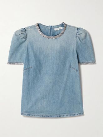 Zimmermann Top In Denim Con Cristalli E Arricciature Crush - Blu