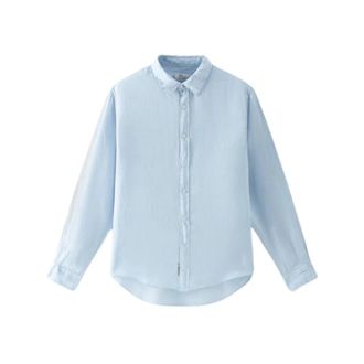 Woolrich Linnen overhemd met bandkraag - Heren - Casual Overhemden - Blauw - M - Linnen - Overhemden