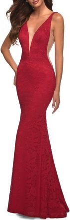 La Femme Chic Stretch Lace Gown with Deep V Neckline in Red at Nordstrom, Size 6
