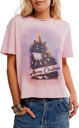Free People Merry Holiday Waffle Knit Cotton Graphic T-Shirt in Pink Combo at Nordstrom, Size X-Small