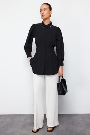 Trendyol Modest Dames Zwart Effen Lang Getailleerd Modest Overhemden