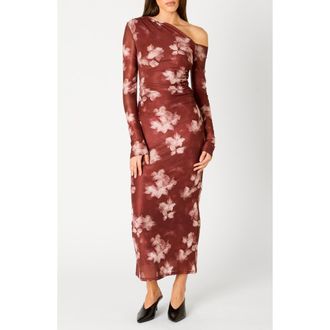 Nia Lyra Floral One-Shoulder Long Sleeve Dress in Merlot at Nordstrom, Size X-Small