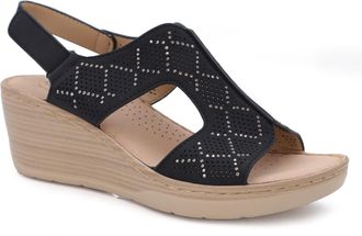 Yoki CRIMSON Wedge Platform Sandals - Slingback Rhinestone Sandals for Women with Perforated Design & Comfort Footbed, Black, 3 UK