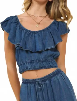 Sadie & Sage Its Pouring Ruffle Top In Dark Chambray