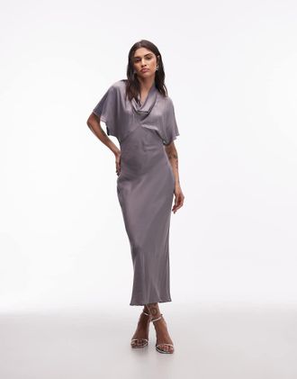 Asos Vestito lungo grigio in raso con scollo ad anello e taglio sbieco