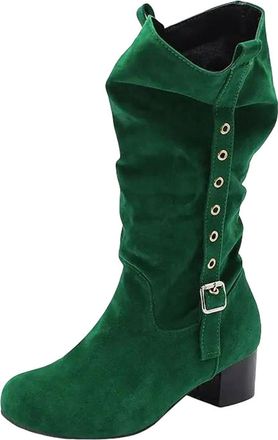 Generic Womens Leisure Mid Calf Boots Round Toe Med Block Heel Platform With Slip On Design Pleated Detail And Buckle