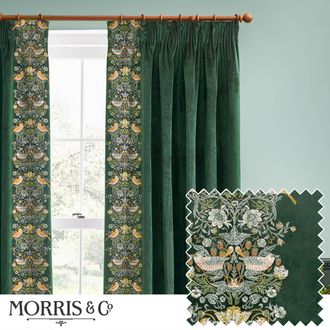 Morris & Co. Strawberry Thief Embroidered Velvet Room Darkening Pencil Pleat Curtain Pair in Green | Size: 168 cm width x 183 cm drop