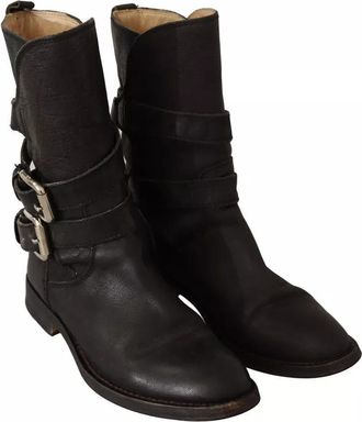 Dolce & Gabbana Black Leather Buckle Mid Calf Boots Womens Shoes (Pre-Owned)