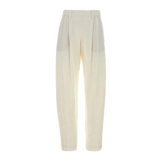 Brunello Cucinelli Brunello Cucinelli, Wide Trousers, female, White, Size: XS Sabl&eacute; Silk Cr&ecirc;pe Slouchy Trousers with Monili