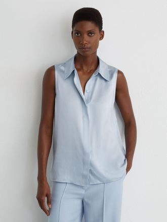Reiss Light Blue Silk Sleeveless Shirt, 10