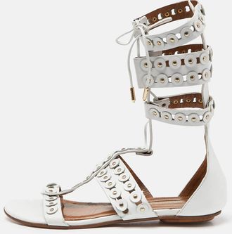 Aquazzura White Studded Leather Strappy Gladiator Flat Sandals