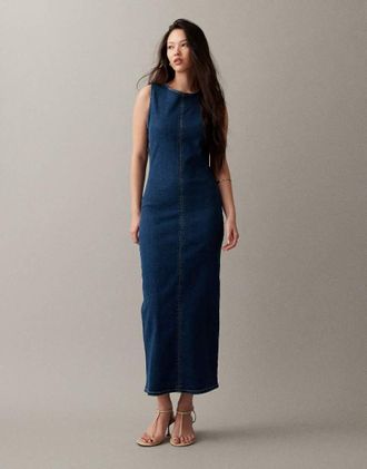 Asos Vestito midi fasciante in denim blu medio con scollo dritto