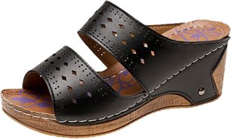 Generic Women Wedge Sandals Solid Color Leather Sandals Cut Out Double Strap Sandal Wide Open Toe Sandal Casual Walking Shoes Comfy Platform Shoes Minimalist 