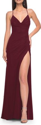 La Femme Net Jersey Ruched Prom Dress with Illusion Bodice in Dark Berry at Nordstrom, Size 12