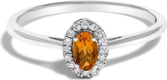 House of Brilliance 10K White Gold Oval and Diamond Accent Halo Birthstone Ring in Orange Citrine at Nordstrom, Size 6.5