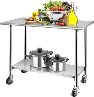 Costway Costway - Tavolo da lavoro in acciaio inox, Con mensola inferiore regolabile, Superficie anti graffio, Con ruote bloccabili, Tavolo multiuso per