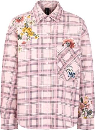 Marc Cain Corduroy blouse met ruitpatroon en bloemen - Dames - Overhemden - Roze - XL - Katoen - Overhemden