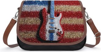 Generic Guitar in Glitter U.S. Flag Small Womens Crossbody Bags Shoulder Handbag with Adjustable Strap for Travel