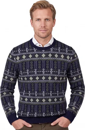 Barbour trui navy groen geprint Grangetown Fair Isle Crew wol