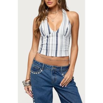 Edikted Sofey Stripe Denim Halter Top in Mix at Nordstrom, Size X-Large