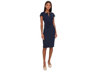 Calvin Klein Cap Sleeve Asymmetrical Neck Crepe Sheath Womens Dress Indigo : 14, Polyester/Spandex