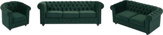 Vente-Unique Sof&aacute; de 3 plazas, 2 plazas y sill&oacute;n de terciopelo verde estilo CHESTERFIELD