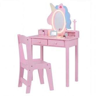 Costway Costway Toeletta Trucco Per Bambini A Unicorno Con Specchio Ovale, Rosa