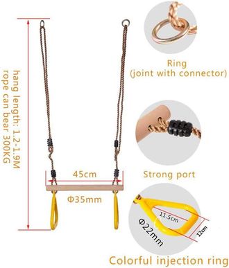 OEM Barra De Trapecio Para Ni&ntilde;os - Barra De Madera Con Anillos De Pl&aacute;stico - Ajustable De 1,2 A 1,9 M - Para Interior Y Exterior - 1 Unidad