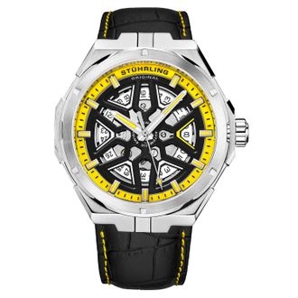 Stührling Mens Black and Yellow Gio Swiss Automatic 44mm Skeleton - Silver - One Size