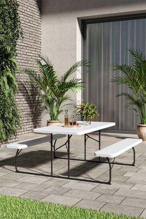 H&O Direct Outdoor Folding Picnic Dining Table Set with Parasol Hole in White