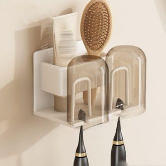 OEM Soporte De Pared Para Cepillo Y Pasta De Dientes Con 2 Vasos, Almacenamiento Para Ba&ntilde;o Sin Necesidad De Taladrar, Metal Blanco, 16 &times; 7,5 &times; 8 Cm