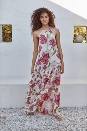 Misa Novah Halter Maxi Dress In Fuchsia Blooms