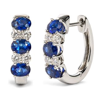 House of Brilliance 10K White Gold 1/4 Cttw Diamond and Oval Blue Sapphire Alternating Huggie Hoop Earrings