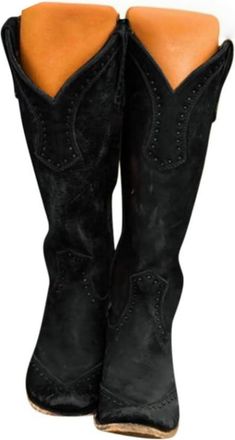 Generic Cowboy Boots for Women Extra Wide Embroidered Mid Calf Cowgirl Boot Wide Calf Low Heel Western Booties Leather Knee High Booties Comfortable Chunky Bl