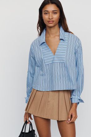 Maeve Cotton Poplin Blend Cropped Henley Top