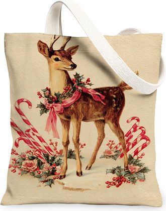 Generic Christmas Reindeer Canvas Tote Bags, Vintage Animal Floral Reusable Grocery Bags, Rustic Lightweight Washable Shoulder Canv, Beige, 13x15 Inch