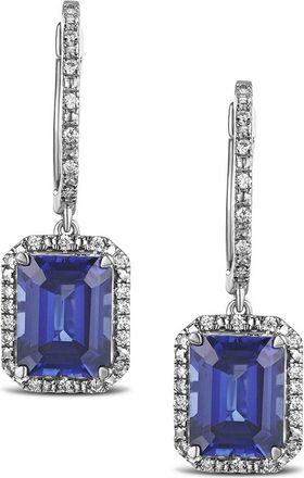 The Diamond Store Astra 4.00ct Lab Sapphire and Diamond Drop Halo Octagon Cut Earrings in Silver