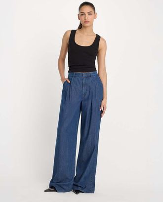 Good American Cotton - Pantaloni a fondo ampio indaco a vita alta con pieghe in coordinato-Blu navy