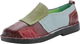 Generic Womens Low Shoes with Coloured Patchwork, Non-Slip Slip-On Leather Shoes - Closed Round Toe Moccasins - Soft Rubber Sole Leisure Sandals - Loafers Lea