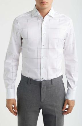 Eterna Slim Fit Windowpane Check Non-Iron Cotton Twill Dress Shirt in Navy at Nordstrom, Size 15.5 - L