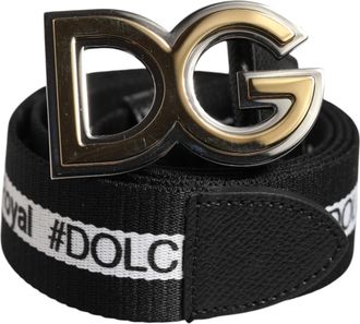 Dolce & Gabbana Black Cotton Metal DG Logo Gold Buckle Mens Belt