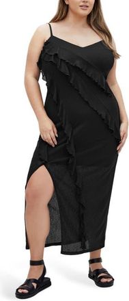 City Chic Shelby Ruffle Maxi Slipdress in Black at Nordstrom, Size Xs
