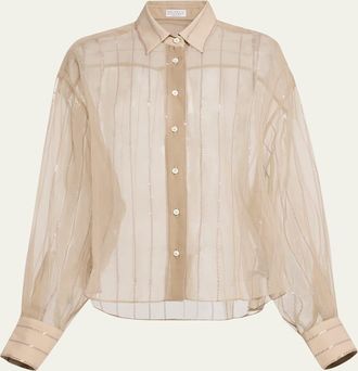 Brunello Cucinelli Striped Paillette Crispy Silk Chiffon Button-Down Blouse