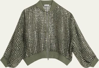 Brunello Cucinelli Paillette Mesh Knit Bomber Jacket
