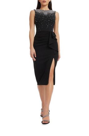 Dress The Population Emily Beaded Side Ruffle Cocktail Dress in Black-Silver at Nordstrom, Size Small