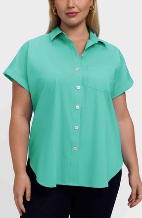Foxcroft Abigail Short Sleeve Button-Up Shirt in Biscay Green at Nordstrom, Size 1X