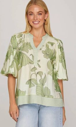 She + Sky Bubble Sleeve Blouse In Light Sage