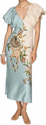 Farm Rio Linen Midi Dress In Marine Garden Sand
