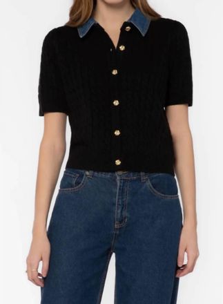 Velvet Heart Denim Trim Short Sleeve Cable Knit Buttoned Top In Black