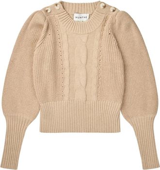 Munthe Truien & Vesten, Dames, Beige, XL, Katoen, Kabelgebreide trui met pofmouwen